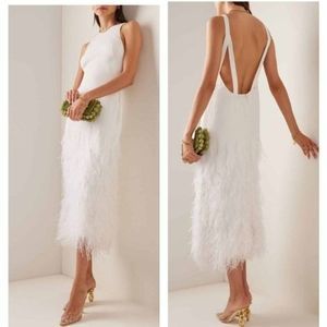 Cult Gaia White Aja Gown, Ostrich Feather Midi Dress NWT Size 4 Bridal Wedding